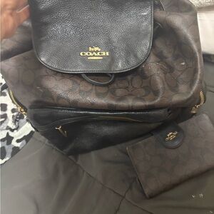Coach Brown Signature Canvas & Black Leather Backpack with Gold Logo